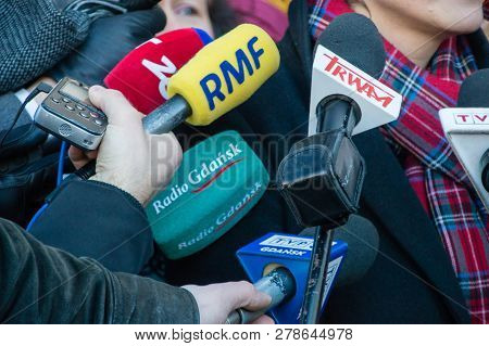 Gdansk, Poland - January 15, 2019: Microphones From Different News Agency At Press Conference. Radio