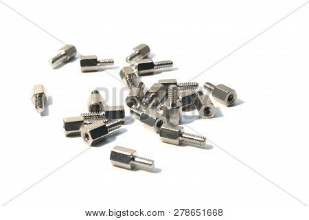 Several Motherboard Standoffs On White Background. Isolated.