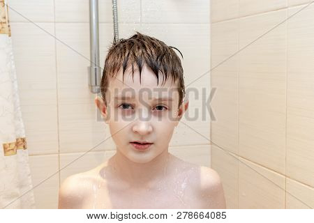 Hygienic Procedures And Healthy Habits Of A Preteen Boy - Taking Shower And Washing Hair With Shampo