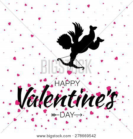 Cupid Black Silhouette With Bow And Arrow Earts On White Background.  Valentines Day Design. Flying 