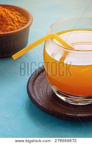 A Warm Drink From Turmeric, Lemon And Honey For Better Health. Immunostimulating Natural Cocktail. C
