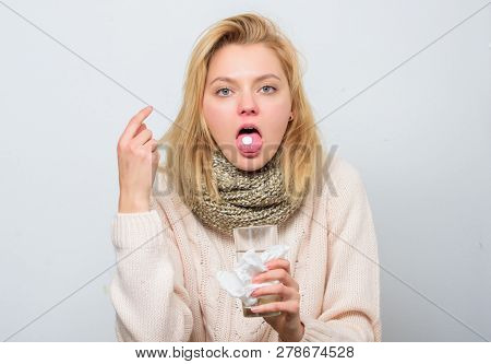 Girl Take Medicine To Break Fever. Headache And Fever Remedies. Woman Sick Person Hold Glass Water A