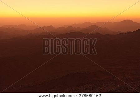 Panoramic Landscape View Of Mount Sinai (mount Horeb, Gabal Musa, Moses Mount) During Sunrise. Sinai