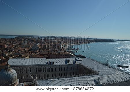 Aerial Views From The Campanille Tower On The Grand Canal At Sunrise In Venice. Travel, Holidays, Ar