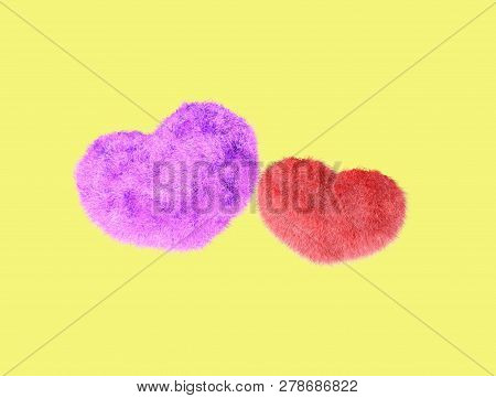 Fluffy Heart. Fur Plush Heart. Heart Shape Red Fluffy Soft Pillow Or Cushion For Valentines Day Or W