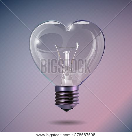 Valentines Day Background. Transparent Electric Light Bulb With A Silver Base. Heart Shape. Realisti