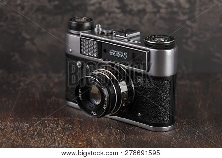 Moscow, Russia, January 15, 2019. The Old Soviet Rangefinder Camera Fed-5, Released 1990 On A Brown 