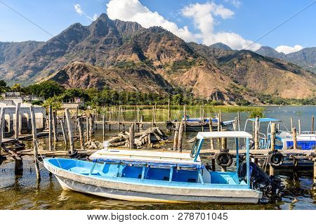 San Juan La Laguna, Lake Atitlan, Guatemala - December 31, 2018: Indian Nose National Park & Boats A
