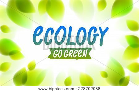 Ecology Word Drawn On A Window Glass, Fresh Green Leaves Blurred Background, Vector Realistic Illust