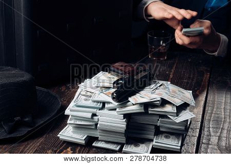 Man In Suit. Mafia. Making Money. Money Transaction. Businessman Work In Accountant Office. Small Bu