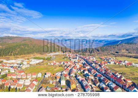 Croatia, Delnice, Gorski Kotar, Panoramic View Of Town Center From Drone In Winter, Mountain Landsca