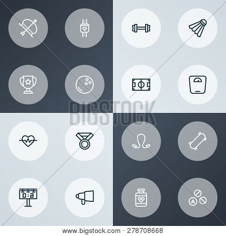 Game Icons Line Style Set With Award, Score Display, Heartbeat And Other Kegling Elements. Isolated 