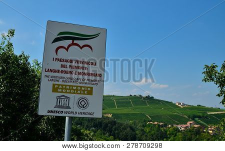 La Morra, Piedmont, Italy. July 2018. Informative Sign Illustrating The Viticultural Landscapes Of P