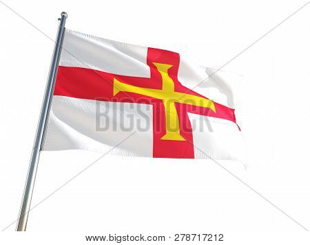 Guernsey National Flag Waving In The Wind, Isolated White Background. High Definition