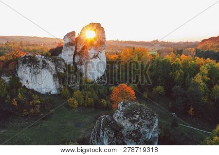 A Panoramic View Of The Unique Okiennik Rock In Poland With A Large Natural Window