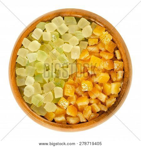 Succade And Candied Orange Pee In Wooden Bowl. Diced, Preserved And Crystallized Peel Of Oranges And