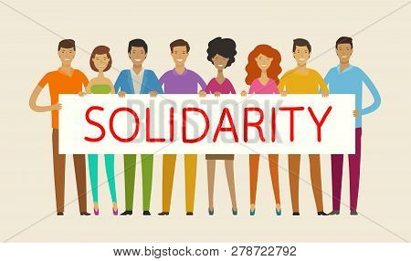 People Holding Blank Banner. Solidarity, Cohesion, Unity Concept. Vector Illustration