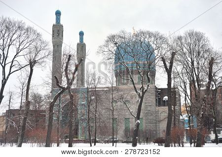 Saint Petersburg Mosque On Petrograd Side At Cloud Day, Russia.