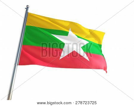 Myanmar - Burma National Flag Waving In The Wind, Isolated White Background. High Definition