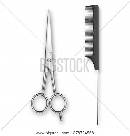 Vector Realistic 3d Classic Simple Scissors And Black Plastic Hairdresser S Comb Icon For Salon, Bar