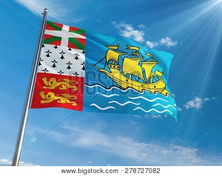 Saint Pierre And Miquelon National Flag Waving On Pole Against Sunny Blue Sky Background. High Defin