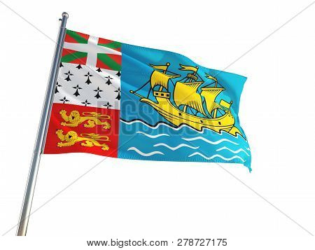 Saint Pierre And Miquelon National Flag Waving In The Wind, Isolated White Background. High Definiti