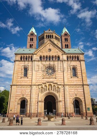 Speyer, Germany - August 17, 2017: Western Facade And Main Entrance Of Historic Speyer Cathedral, Ge