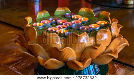 Candles In Candlestick. The Interior And Scenery Of The Buddhist Temple Of Hua Yan Or Huayan In The 