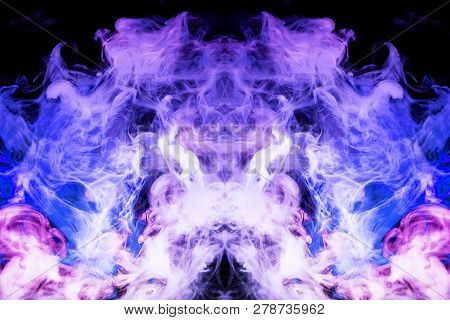 Cloud Of Blue Smoke  In The Form Of A Skull, Monster, Dragon  On A Black Isolated Background. Backgr