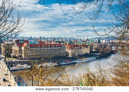 Prague, Czech Republic - April, 2018: Prague City Seen From The Letna Hill In A Beautiful Early Spri