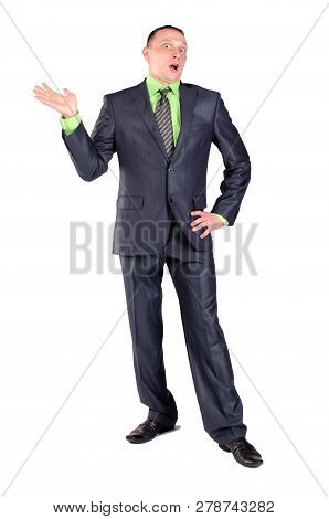 Confused Businessman Do Not Know The Answer On The Question Isolated On The White Background. Confou