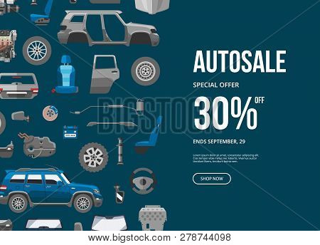 Autosale Special Offer Banner. Car Service Discount Vector Illustration. Car Detail, Repair, Gear Br