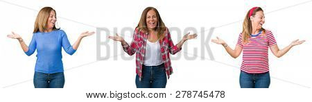 Collage of beautiful middle age woman over isolated background Smiling showing both hands open palms, presenting and advertising comparison and balance