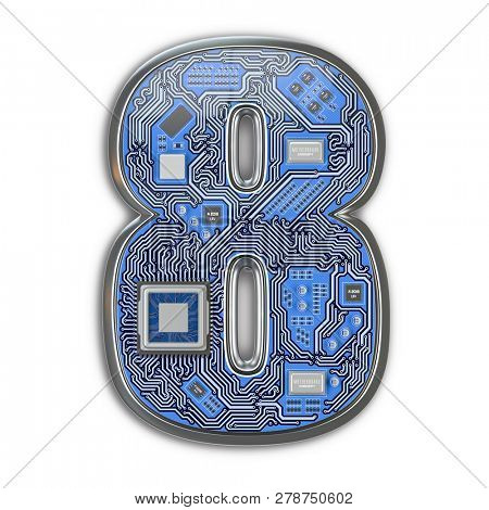 Number 8 eight, Alphabet in circuit board style. Digital hi-tech letter isolated on white. 3d illustration