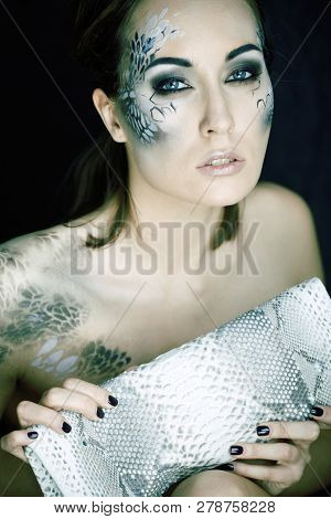 Fashion Portrait Of Pretty Young Woman With Creative Make Up Lik