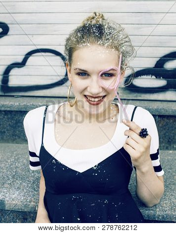 Young Pretty Party Girl Smiling Covered With Glitter Tinsel, Fas