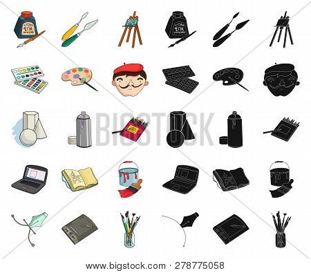 Painter And Drawing Cartoon, Black Icons In Set Collection For Design. Artistic Accessories Vector S