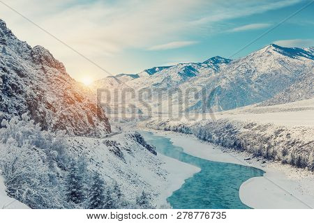 Winter Snow River In Mountains. Snow Winter Mountain River Valley Landscape. Winter Snow River In Wi