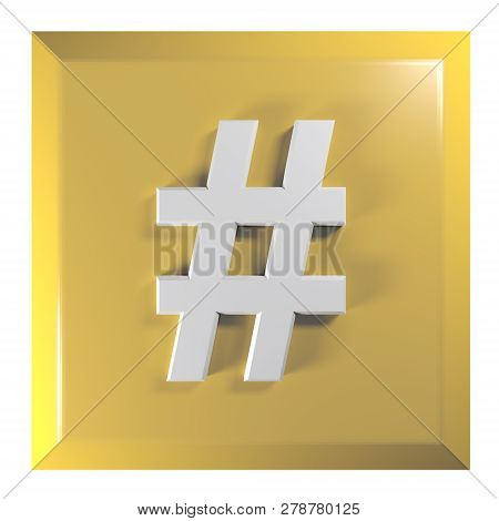 Push Button With The Octothorp Character. The Button Is Square And Yellow, Isolated On White Backgro