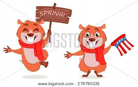 Happy Groundhog Day, Set Of Two Poses. Funny Marmot Jumping And Holding Wooden Plate And Holding Unc