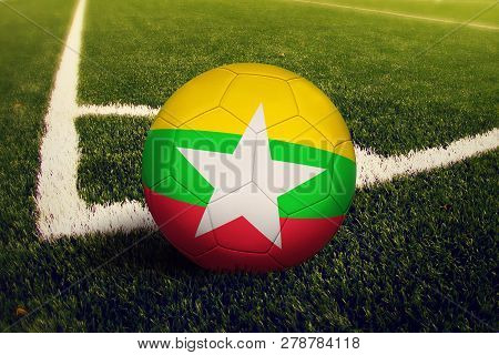 Myanmar Ball On Corner Kick Position, Soccer Field Background. National Football Theme On Green Gras