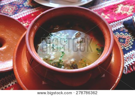 Soup Khashlama. Traditional Hot Soup With Lamb In A Clay Pot