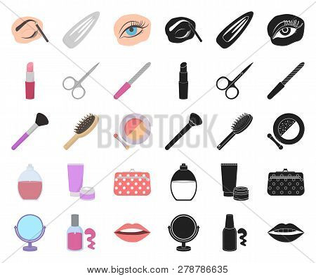 Makeup And Cosmetics Cartoon, Black Icons In Set Collection For Design. Makeup And Equipment Vector 