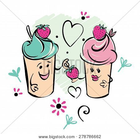 Girl And Boy Ice Cream Character And Strawberry, Heart. The Boy Gives The Berry To The Girl.. Black 