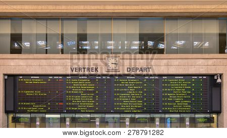 Brussels, Belgium - July 11, 2013: Information Board Above The Ticket Counter Of Brussels Central Tr