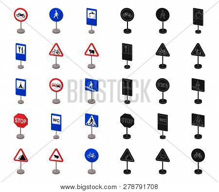 Different Types Of Road Signs Cartoon, Black Icons In Set Collection For Design. Warning And Prohibi