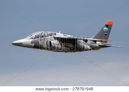 Florennes, Belgium - Jun 15, 2017: Belgian Air Force Alpha Jet Trainer Jet Flying By Over Florennes 
