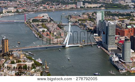 Rotterdam, The Netherlands - Sep 2, 2017: Aerial View Of The Erasmus Bridge And Highrise Buildings I