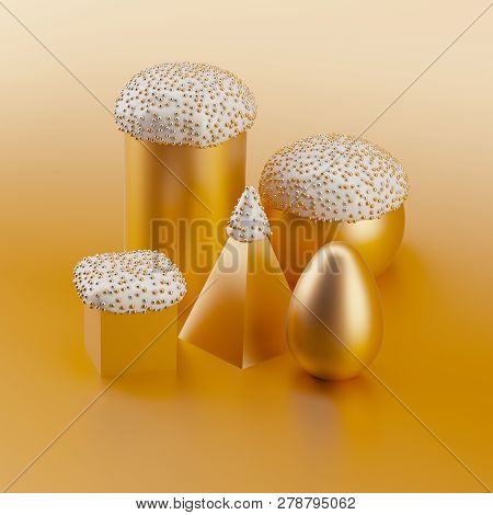 Minimal Easter Concept: Various Golden Easter Cakes And Egg.