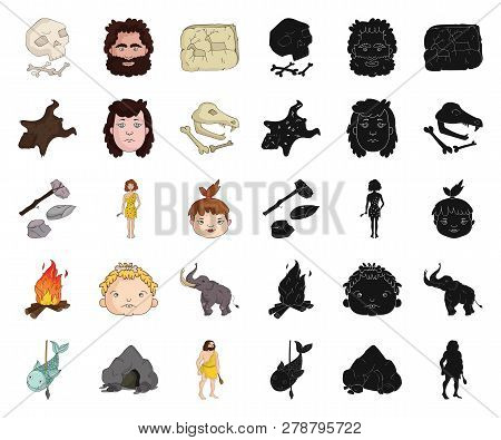 Life In The Stone Age Cartoon, Black Icons In Set Collection For Design. Ancient People Vector Symbo